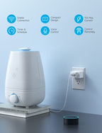 Govee smart plug controlling a humidifier plugged into wall outlet with Amazon Echo nearby, showing feature icons: stable connection, timer and schedule, compact design, voice control, 15A max current, remote control