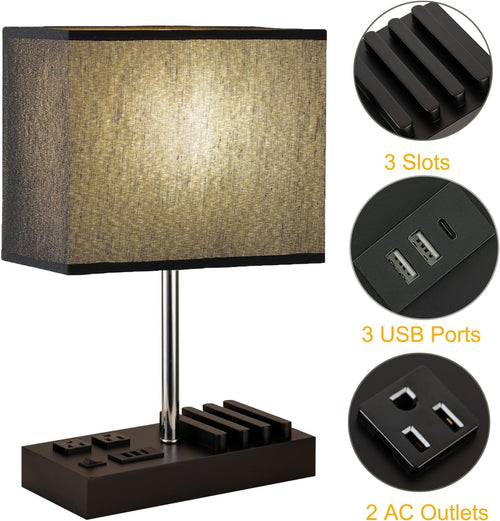 Table lamp with power outlet base on a white background featuring USB ports and AC outlets, with close-up shots of each