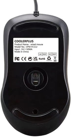 Black wired computer mouse with COOLERPLUS label bottom-view on a white background