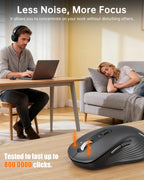 Man using TECKNET wireless mouse on a laptop at a wooden table while a woman sleeps on a couch nearby, with orange silent click impact graphic on mouse and text reading Less Noise More Focus, tested to last up to 8,000,000 clicks