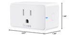 Govee smart plug angled view showing standard US outlet face, blue LED indicator, and manual button, with dimensions 2.57 x 1.34 x 1.49 inches on white background