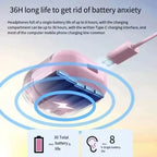 T6 TWS earbuds pink transparent charging case connected to pink USB-C cable with blue concentric charging rings graphic, with text reading 36H long life to get rid of battery anxiety, Headphones full of a single battery life of up to 8 hours with the charging compartment can be up to 36 hours with Type-C charging interface, and two stat boxes below: 30 Total battery life h and 8 h Single battery life