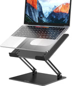 Adjustable laptop stand for home office: aluminum ergonomic riser with laptop, side view