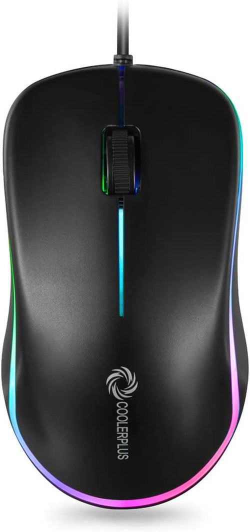 Budget wired USB optical mouse with rainbow LED lighting on a white background top view