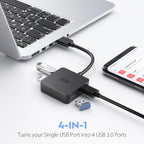 ICZI USB 3.0 Hub with 4 Ports turning one laptop USB port into 4 next to smartphone on a white desk