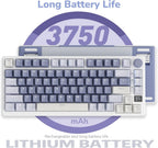RK M75 75% keyboard top-down view highlighting 3750mAh rechargeable lithium battery with Ocean Blue and white colorway