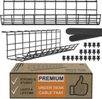Steel cable management tray two pack with packaging, screws, and mounting straps on a white background