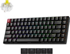 Keychron K2 V3 75% mechanical keyboard in black with red Escape keycap and rainbow RGB underglow, with one Super Banana tactile switch shown in upper left corner and five Windows replacement keycaps (alt, Windows, alt, esc, lock) shown below, on white background