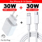 White 30W USB-C wall charger with EU two-round-pin plug on left and white USB-C to Lightning cable on right on white background, with red banner at top reading For iPhone 8 to 14 Series, bold black text reading 30W USB C Charger plus 30W USB C Cable, red pill labels reading USB C Charger and USB C Cable, and EU plug diagram badge in lower left reading For EU Plug
