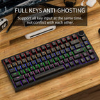 GM326 75% mechanical keyboard on wood desk with RGB backlight, highlighting full-key anti-ghosting support