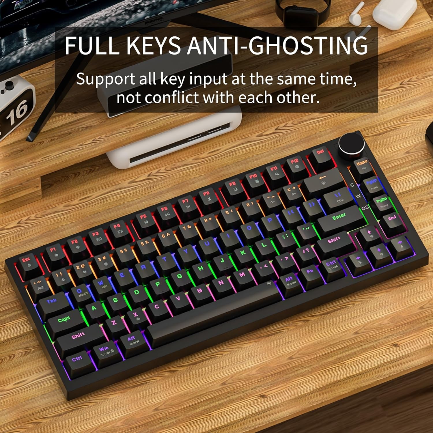 GM326 75% mechanical keyboard on wood desk with RGB backlight, highlighting full-key anti-ghosting support