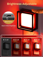DORESshop red night light brightness adjustment diagram showing slide button control and four brightness levels: 0 LM, 15 LM, 30 LM, and 60 LM
