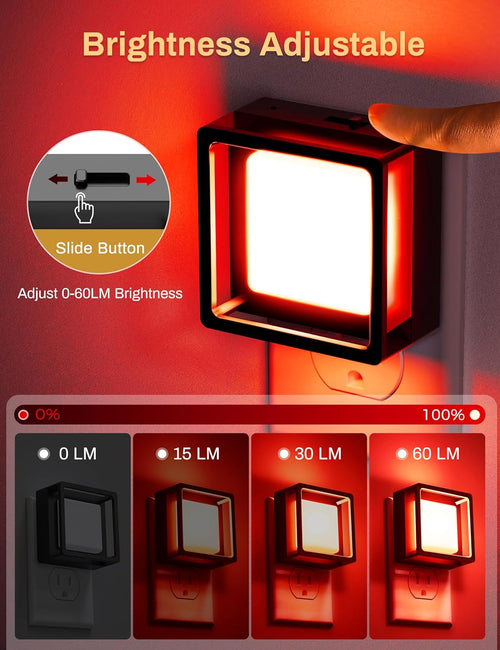 DORESshop red night light brightness adjustment diagram showing slide button control and four brightness levels: 0 LM, 15 LM, 30 LM, and 60 LM