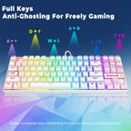 Redragon K552P white TKL mechanical keyboard top-down view on a blue reflective surface with teal edge lighting and a transparent acrylic cube prop, with large 75% watermark beneath and text reading 75% TKL Mechanical Keyboard, Portable and Compact, With all the functions of a regular keyboard, it is portable and easy to carry, saving space