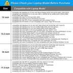 Compatibility chart on a blue and white background with a yellow warning triangle and bold text reading "Please Check your Laptop Model Before Purchase", listing compatible laptop models for 13 inch, 13.3 inch, 16 inch, and 17.3 inch sizes including MacBook, Surface, Dell, HP, Lenovo, Asus, and Acer models