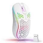 White honeycomb shell wireless gaming mouse with full RGB rainbow lighting along the left edge and scroll wheel on a white background, with a small white USB nano receiver placed to the bottom right