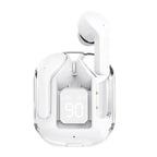 White wireless Bluetooth 5.3 earbud in white transparent charging case front-facing view on white background, one white earbud ejected upright from case, LED digital battery display reading 90 visible through transparent case front panel, chrome accent trim around case edges
