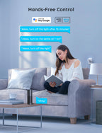Woman reading on couch with Govee smart plug in wall outlet behind her, showing voice command examples for Alexa and Hey Google compatibility