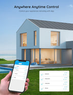 GoveeHome app showing group control of Govee smart plugs across four rooms: bedroom, living room, restaurant, and kitchen with modern house exterior in background