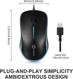 Black computer mouse with USB cable (top view), dimensions labeled, and text about plug-and-play simplicity and ambidextrous design on a white background