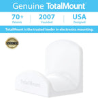 Genuine TotalMount registered trademark brand credentials graphic with light blue header and three stats: 70+ Patents, 2007 Founded, USA Designed, with white TotalMount hook body shown from the side on white background, gold Patented seal badge in lower left, and text reading TotalMount is the trusted leader in electronics mounting