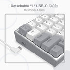 Redragon K617 Fizz 60% Grey and White Mechanical Gaming Keyboard with detachable left-angled USB-C Cable on white and grey background