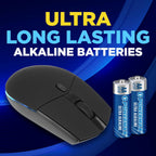 Black wireless computer mouse on dark blue background alongside two POWERMAX AA Ultra Alkaline batteries standing upright, with text reading Ultra Long Lasting Alkaline Batteries in yellow and blue