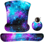 Memory foam wrist rest set with keyboard pad and mouse pad in galaxy nebula design on white background