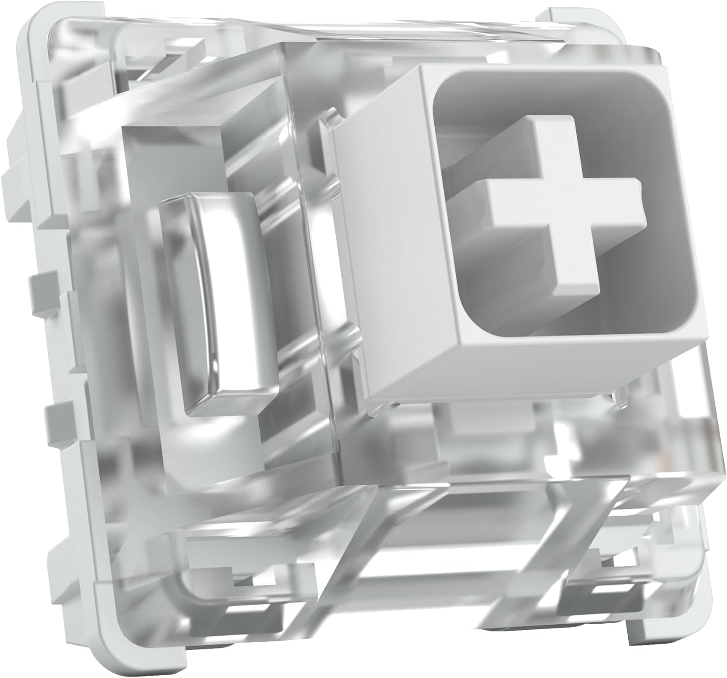 Clear and white mechanical keyboard switch shown from isometric angle, displaying MX-style cross stem and transparent housing