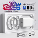 White 30W USB-C wall charger with EU two-round-pin plug and white USB-C to Lightning cable coiled beside it, displayed in white molded retail packaging tray on gray surface, with text reading PD 30W Fast Charge For Apple iPhone in blue, red, and purple gradient lettering, 30min 60% battery icon in upper right, and Made For Phone Earbuds Tablet icons in lower right