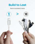 Hand holding one Huukein nylon braided USB-C cable next to a hand holding a tangled bundle of 10 worn cables, with text reading Build to Last Nylon Braided Cable 1 greater than 10