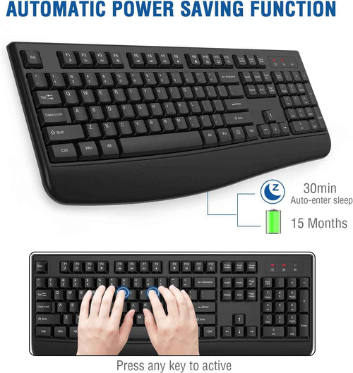 Black ergonomic wireless keyboard shown from above on a white background with bold blue text reading "Automatic Power Saving Function" at the top, two callout labels showing a blue sleep moon icon reading "30min Auto-enter sleep" and a green battery icon reading "15 Months" battery life, and a lower inset image showing two hands typing on the keyboard with blue circles highlighting the home row keys and caption reading "Press any key to active"
