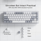 Top-down view of Redragon K631 Gery 65% keyboard layout showing dedicated arrow keys and Fn layer access to Home, End, PrtSc, and Insert