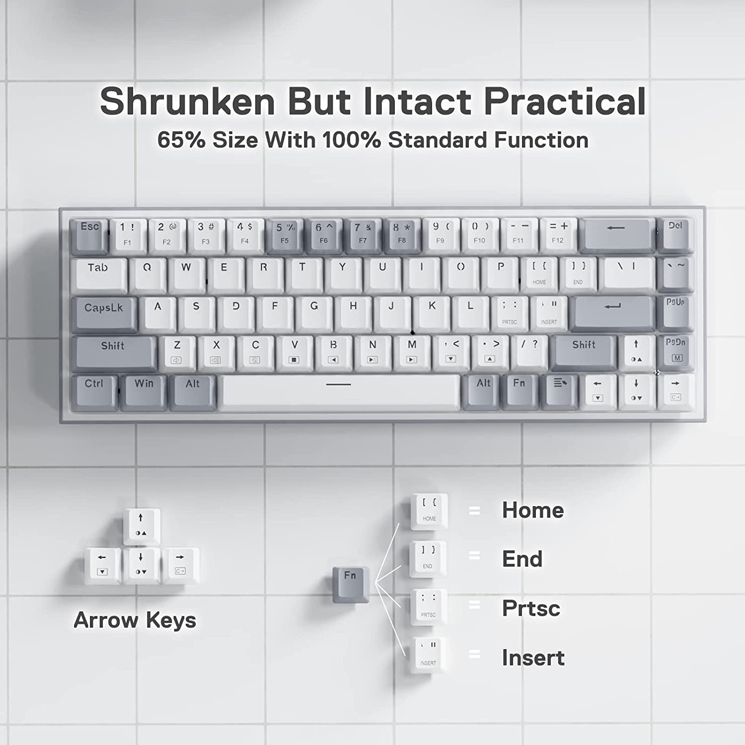 Top-down view of Redragon K631 Gery 65% keyboard layout showing dedicated arrow keys and Fn layer access to Home, End, PrtSc, and Insert