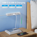 TROND surge protector on a desk with laptop, smartphone, and multiple devices plugged in, showing animated blue surge protection dome, lightning storm on monitor screen, Surge Protected icon, 1440 Joules Surge Protection label, and ETL Listed Intertek certification badge