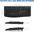 Black ergonomic wireless keyboard shown from above on a white background with bold blue text reading "104 Keys Full Size Wireless Keyboard" at the top, dimension measurements overlaid showing 44.5cm / 17.52in wide and 18.68cm / 7.35in tall, plus two side profile views below showing the keyboard height without stand at 2cm / 0.79in and with foldable stand extended at 3cm / 1.18in