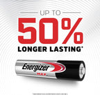 Single Energizer MAX AAA alkaline battery lying flat showing silver body with black negative end and red Energizer MAX logo, with large red and black text reading Up To 50% Longer Lasting asterisk, with fine print reading asterisk than Eveready Gold in home medical devices AAA only, on white radial background