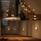 Three scenes showing motion-sensor activated night light with magnetic installation on a toilet, staircase, and hallway