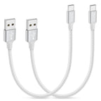 Two white nylon braided USB A to USB C fast charge cables with aluminum connectors on white background