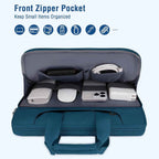 Teal MOSISO laptop bag open on a light blue background showing the interior front zipper pocket organized with a hard drive, Magic Mouse, iPhone, and MacBook charger in elastic pockets, with bold blue text reading "Front Zipper Pocket — Keep Small Items Organized" and seven blue circle icons showing compatible accessories