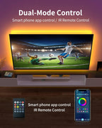 TV screen displaying a soccer game with dual-mode control text and remote control and smartphone app shown