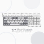 Redragon K617 Fizz 60% Grey and White Mechanical Gaming Keyboard with measurements comparing 60% vs 100% size keyboards on white and grey background