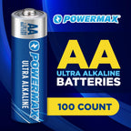 Single POWERMAX AA Ultra Alkaline battery standing upright showing blue label with silver positive terminal and AA 1.5V LR6 Battery text, alongside large yellow AA text, blue Ultra Alkaline Batteries text, and yellow 100 Count badge on dark blue gradient background with POWERMAX logo