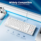 Redragon K552P white TKL mechanical keyboard on a blue desk mat with white USB cable, alongside a white Xbox controller, with four platform compatibility icons below: PC, PS4/5, Xbox, and MacOS (Partial Support), and text reading Widely Compatible, Plug and Play, Efficient and Convenient