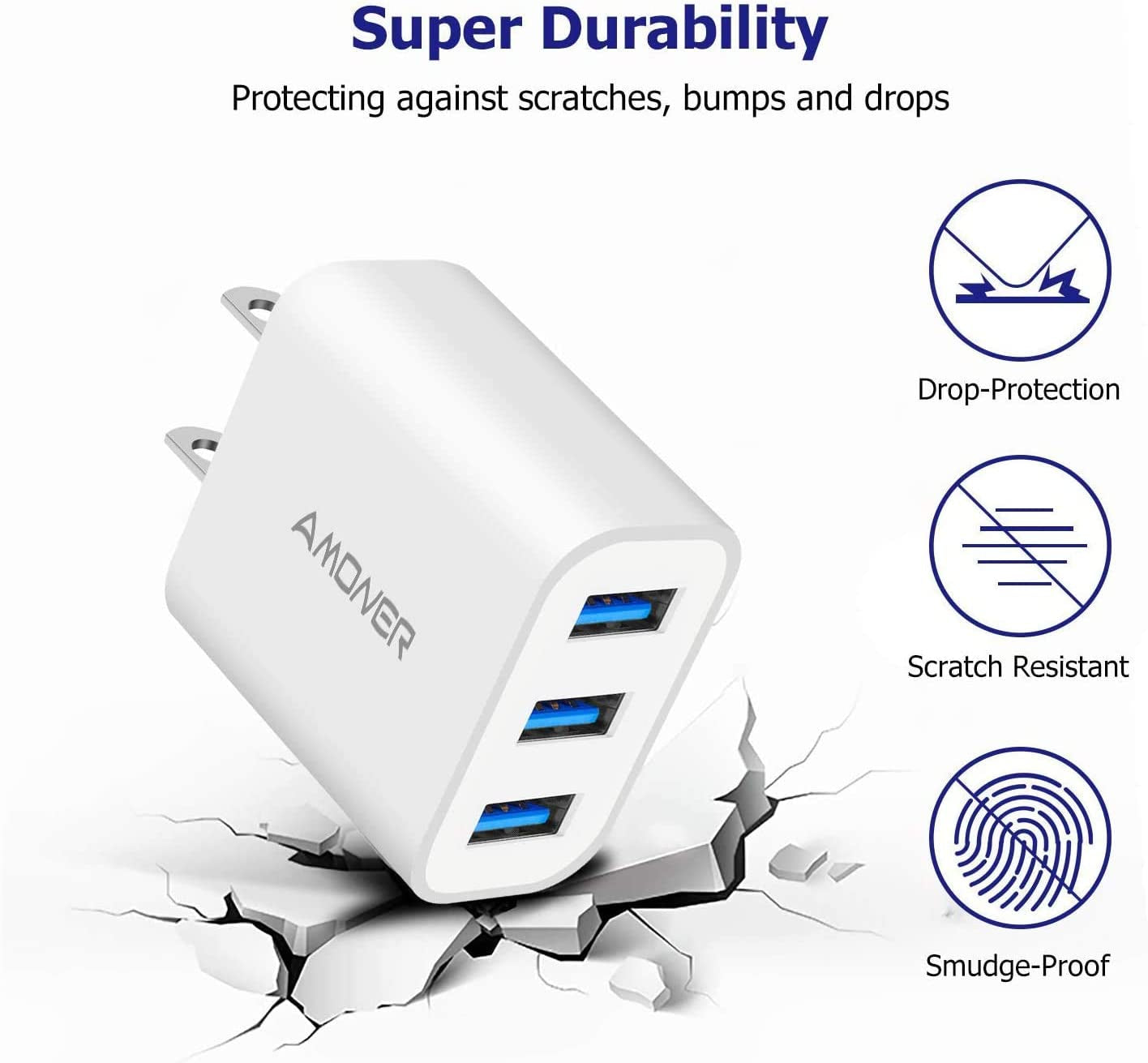 USB Wall Charger,  2Pack 15W 3-Port USB Charger Block - Amazing durability that protects against scratches, bumps, and drops