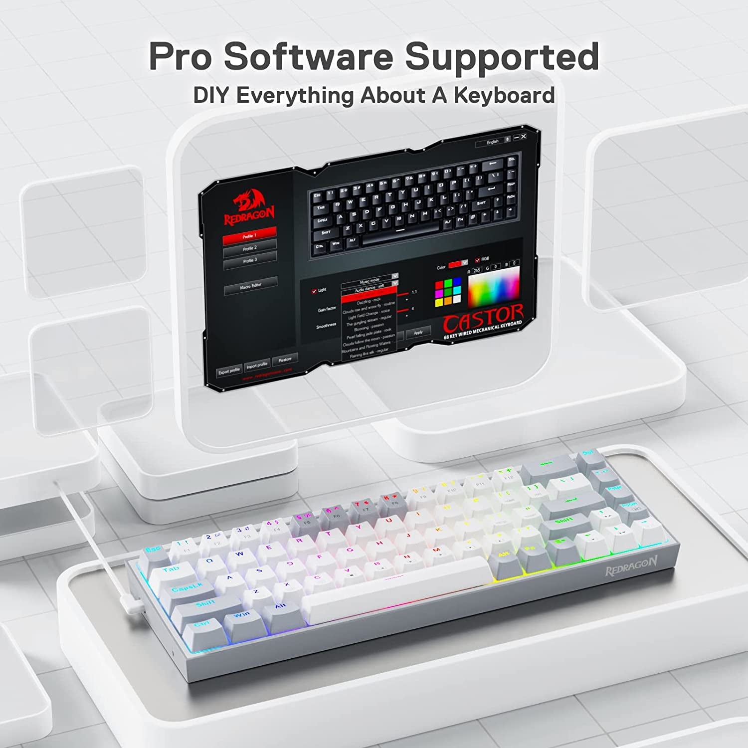 Redragon software interface showing macro programming and RGB customization for the K631 Gery mechanical keyboard