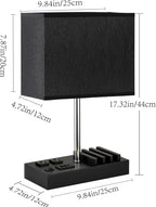 USB Table Lamp with AC Outlets, USB Ports, and phone stands with measurements from all sides on a white background