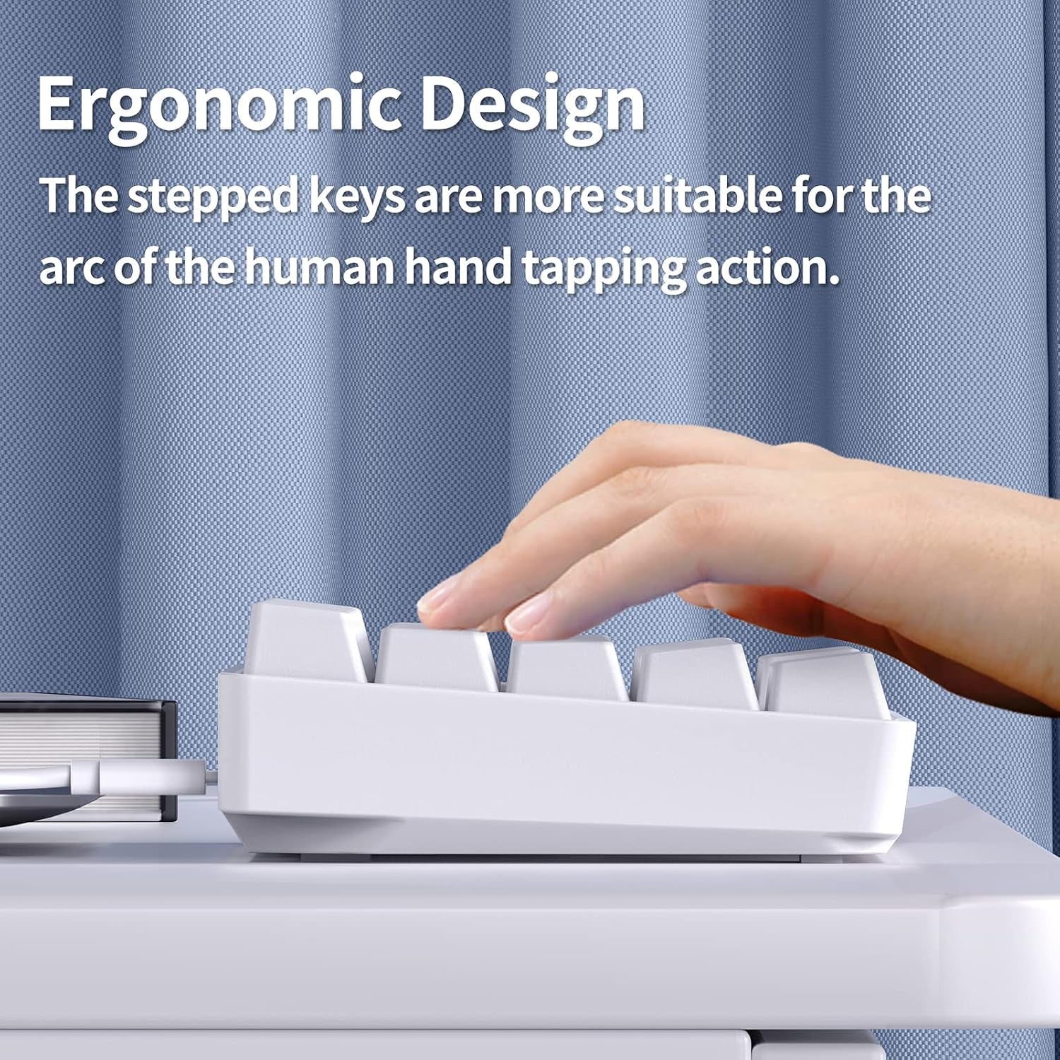 Hand typing on the TMKB T68SE white mechanical keyboard showing stepped keycap profile designed to follow the natural arc of the hand