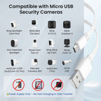 White flat Micro USB cable on a light blue background with bold black text reading "Compatible with Micro USB Security Cameras", a 3x4 grid showing 12 compatible camera models including Ring Spotlight Cam Plus, Blink Mini, Blink XT/XT2, Blink Outdoor 3, Arlo Essential Spotlight, Wyze Cam Pan v2, Ring Stick Up Cam, Wyze Cam v3, eufyCam S220, Petcube Camera 360, eufyCam 2 Pro, and EZVIZ CB3, with a warning box at the bottom showing red X circles over a phone, tablet, and laptop with text reading "Power Supply