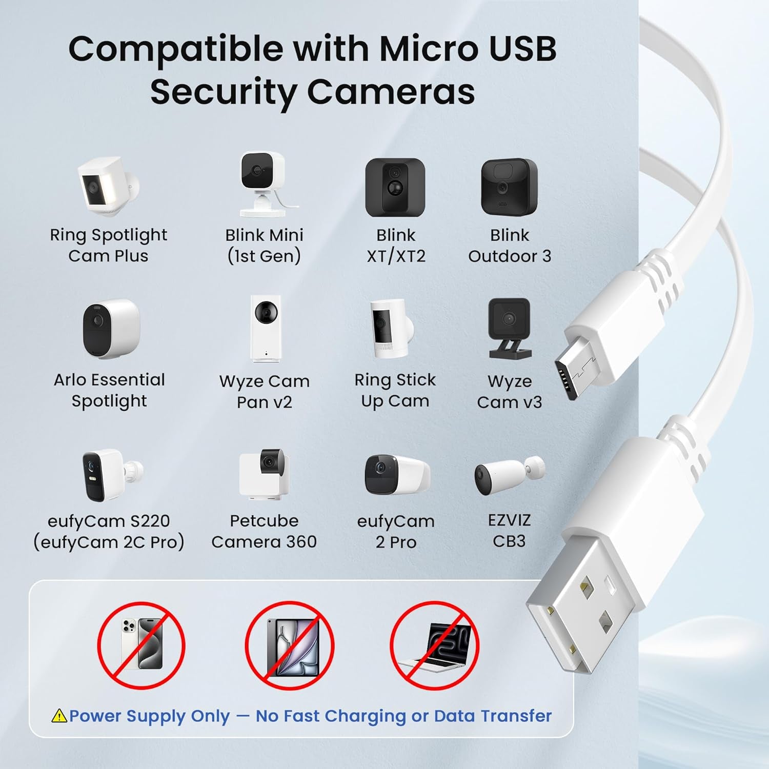 Micro USB Extension Cable 20FT 2Pack,Flat USB to Micro Long Charging Power Extender Cord Wire Replacement for Security Camera,Blink Mini/Xt2/Outdoor 3,Wyze Cam V4/Og,Eufy,Ring Spotlight Plus